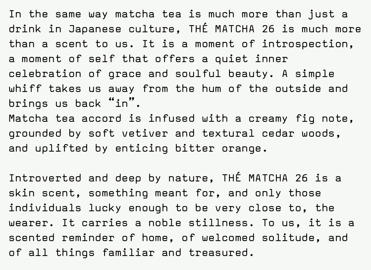 Le Labo’s The Matcha 26 Description