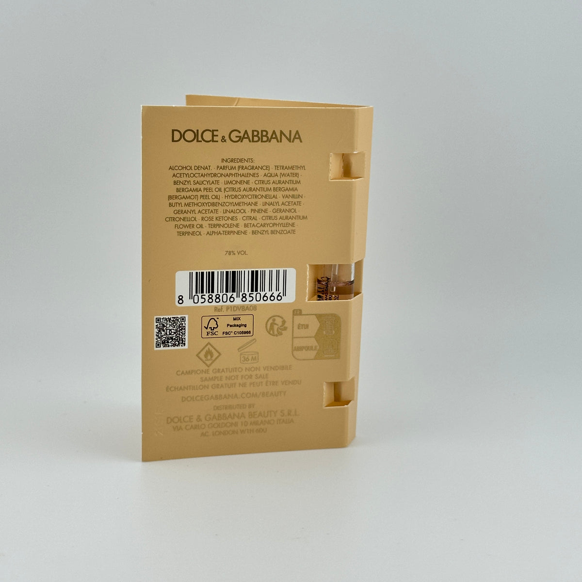 Back of Dolce & Gabbana Your Devotion EDP Intense 1.5 mL sample showing original product labeling.