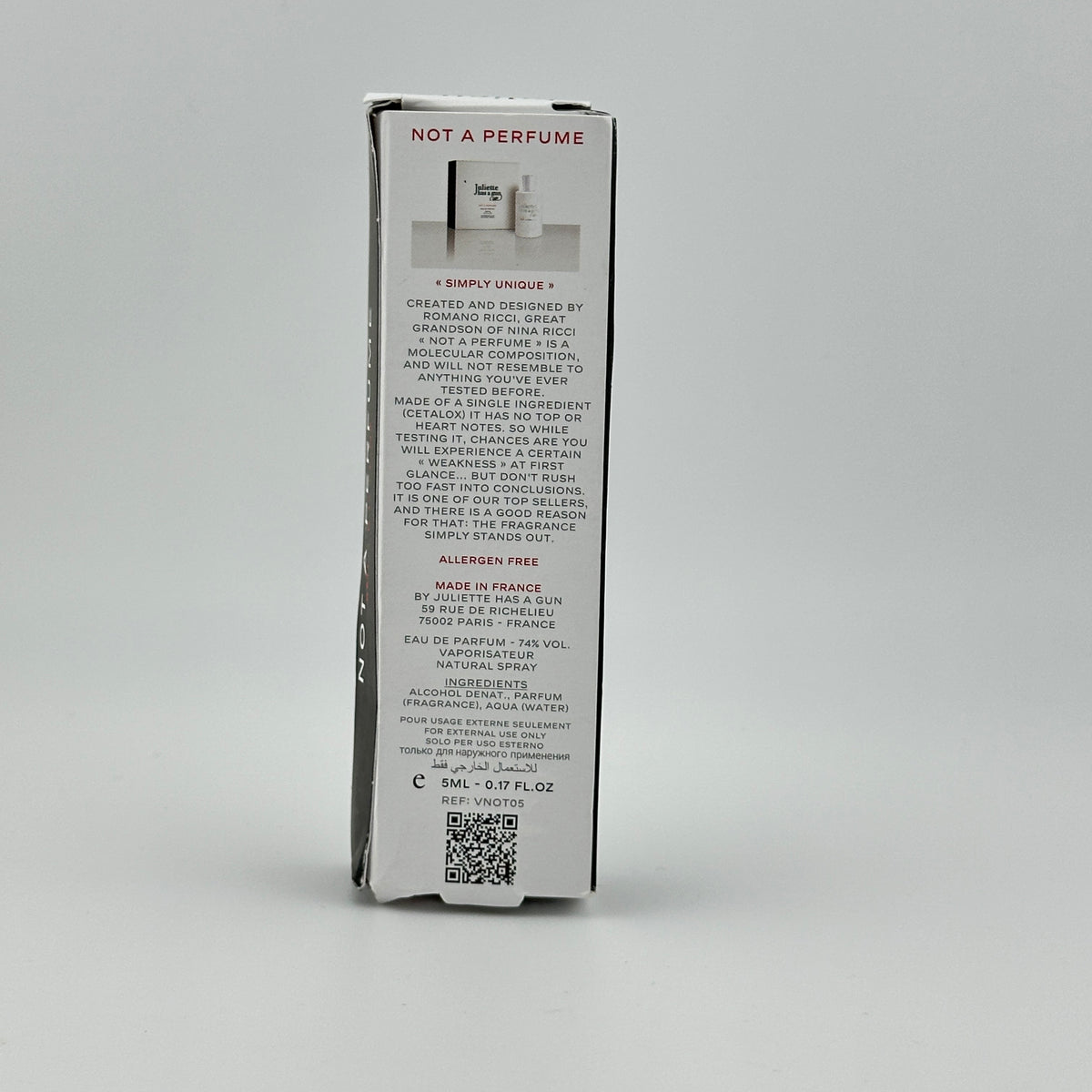 Back of Juliette Has a Gun Not a Perfume EDP 5 mL manufacturer sample showing original product labeling.