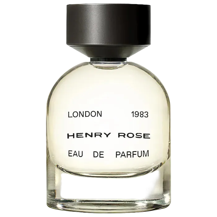 Perfume bottle labeled 'Henry Rose London 1983 Eau de Parfum' on a white background
