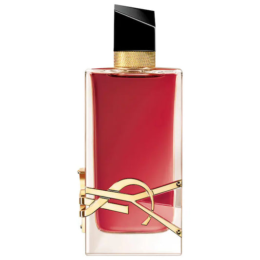 Red perfume bottle with gold accents on a white background