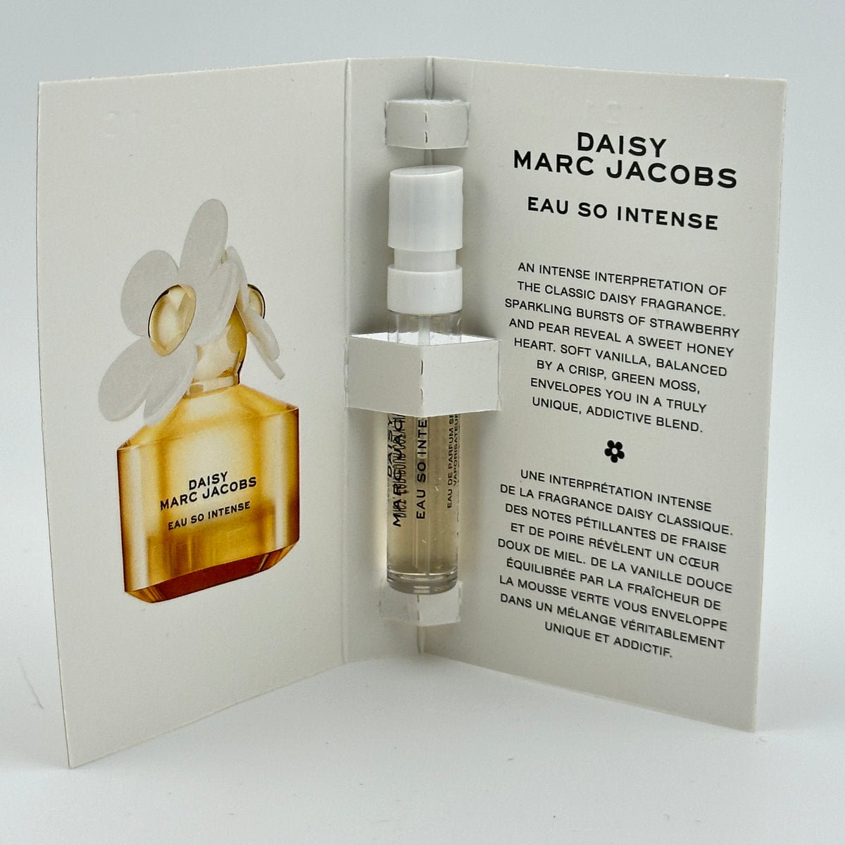 Marc Jacobs Daisy Eau So Intense EDP 1.2 mL spray vial displayed inside original manufacturer sample card.v