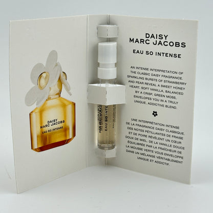 Marc Jacobs Daisy Eau So Intense EDP 1.2 mL spray vial displayed inside original manufacturer sample card.v