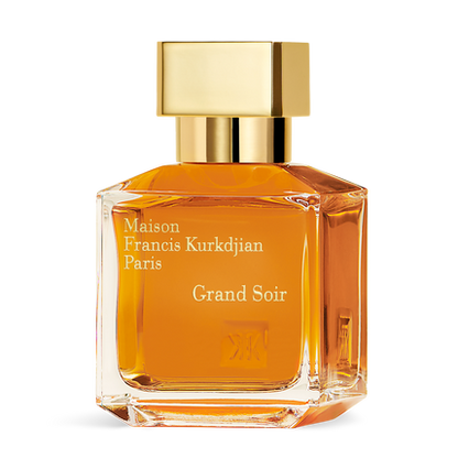 Perfume bottle with gold cap and orange liquid on a white background