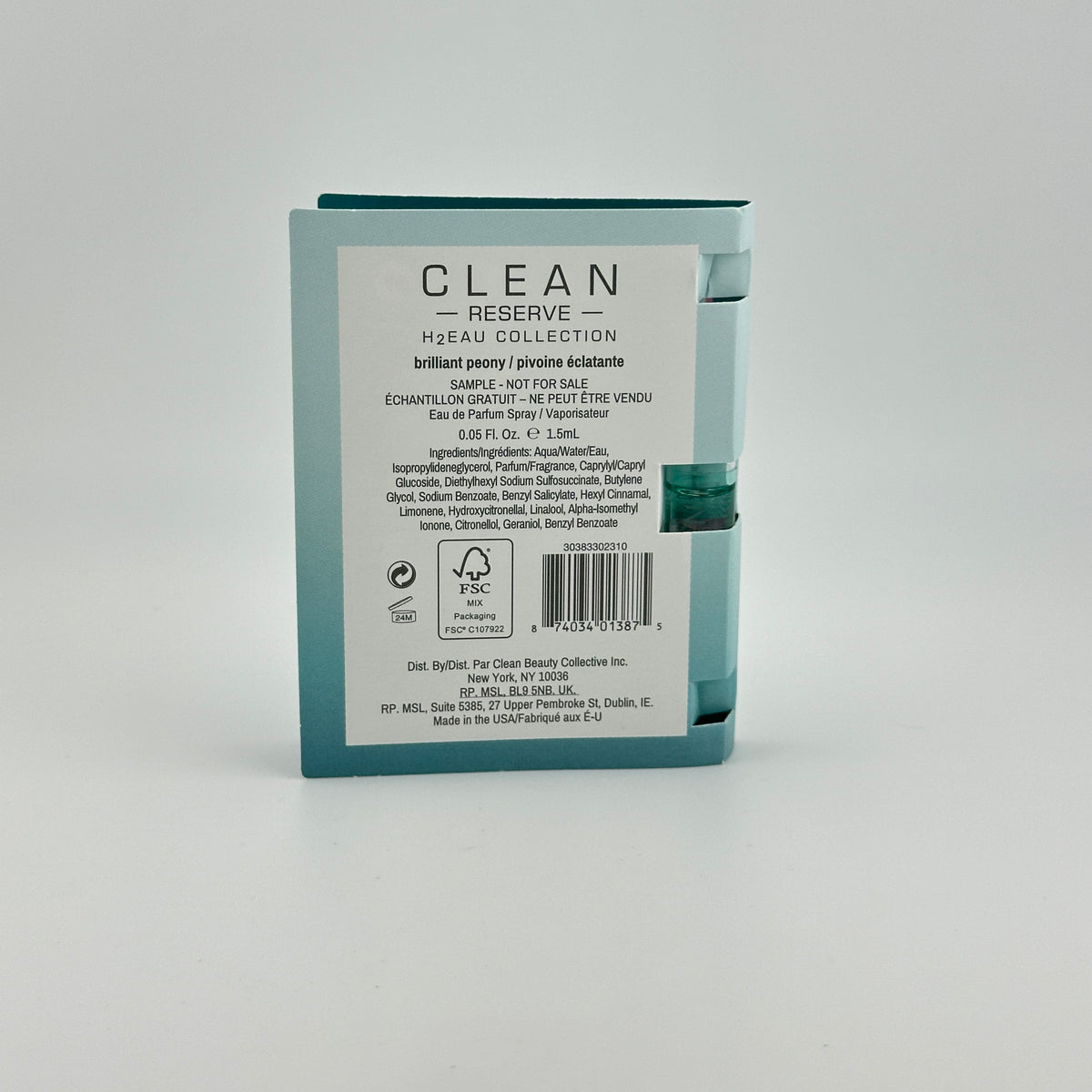 Back of CLEAN RESERVE Brilliant Peony H2Eau 1.5 mL manufacturer sample showing product and packaging details.