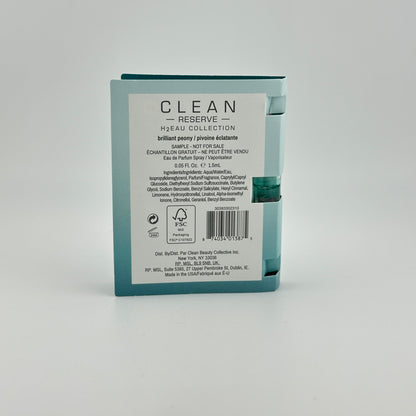 Back of CLEAN RESERVE Brilliant Peony H2Eau 1.5 mL manufacturer sample showing product and packaging details.