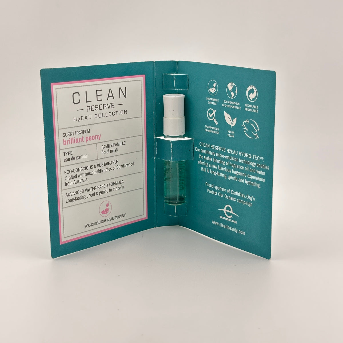 CLEAN RESERVE Brilliant Peony H2Eau 1.5 mL fragrance vial displayed inside its original manufacturer sample card.