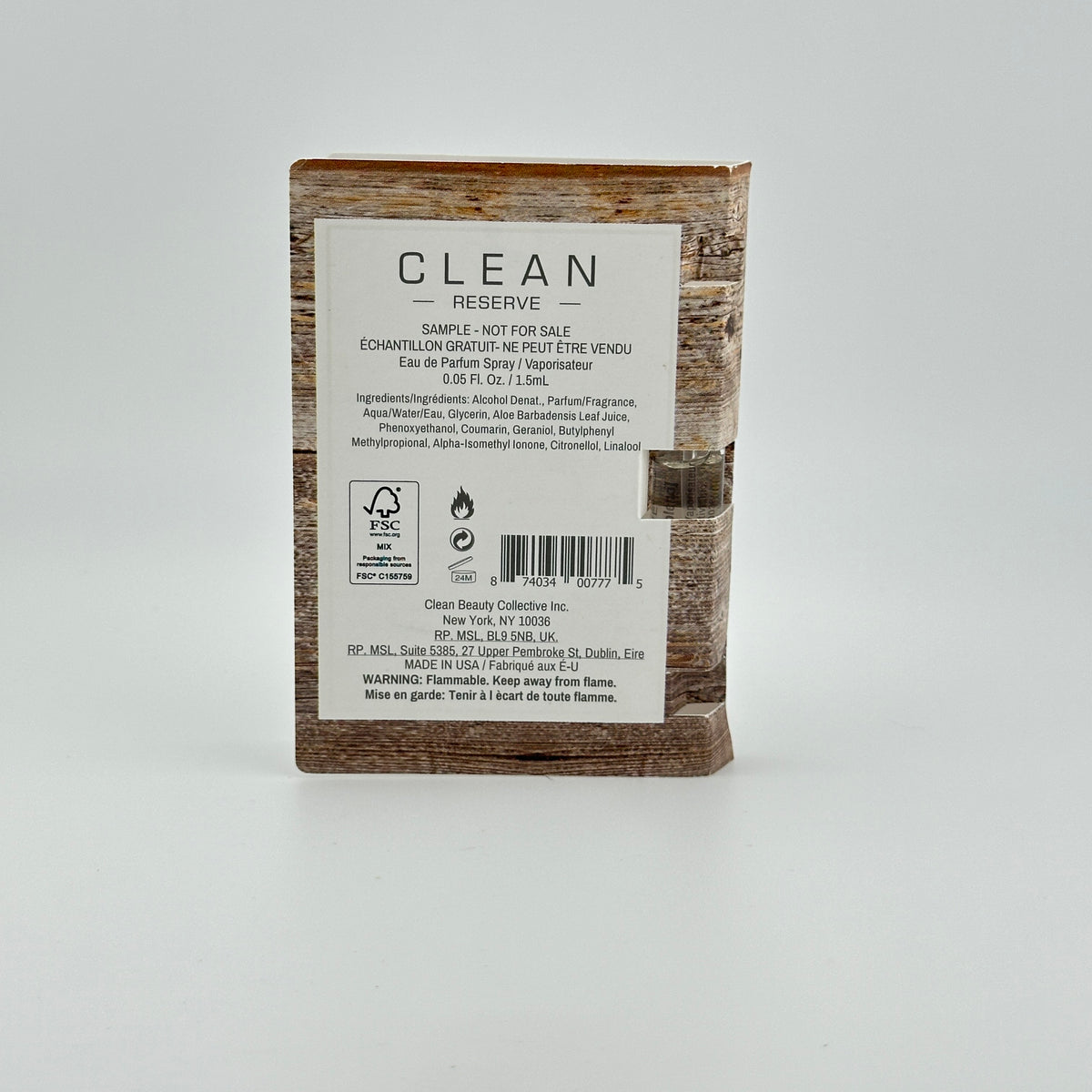 Back of CLEAN RESERVE Skin Reserve Blend EDP 1.5 mL manufacturer sample showing product and packaging details.