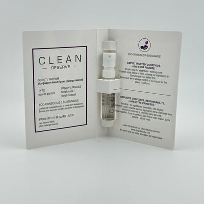 CLEAN RESERVE Skin Reserve Blend EDP 1.5 mL spray vial displayed inside its original manufacturer sample card.