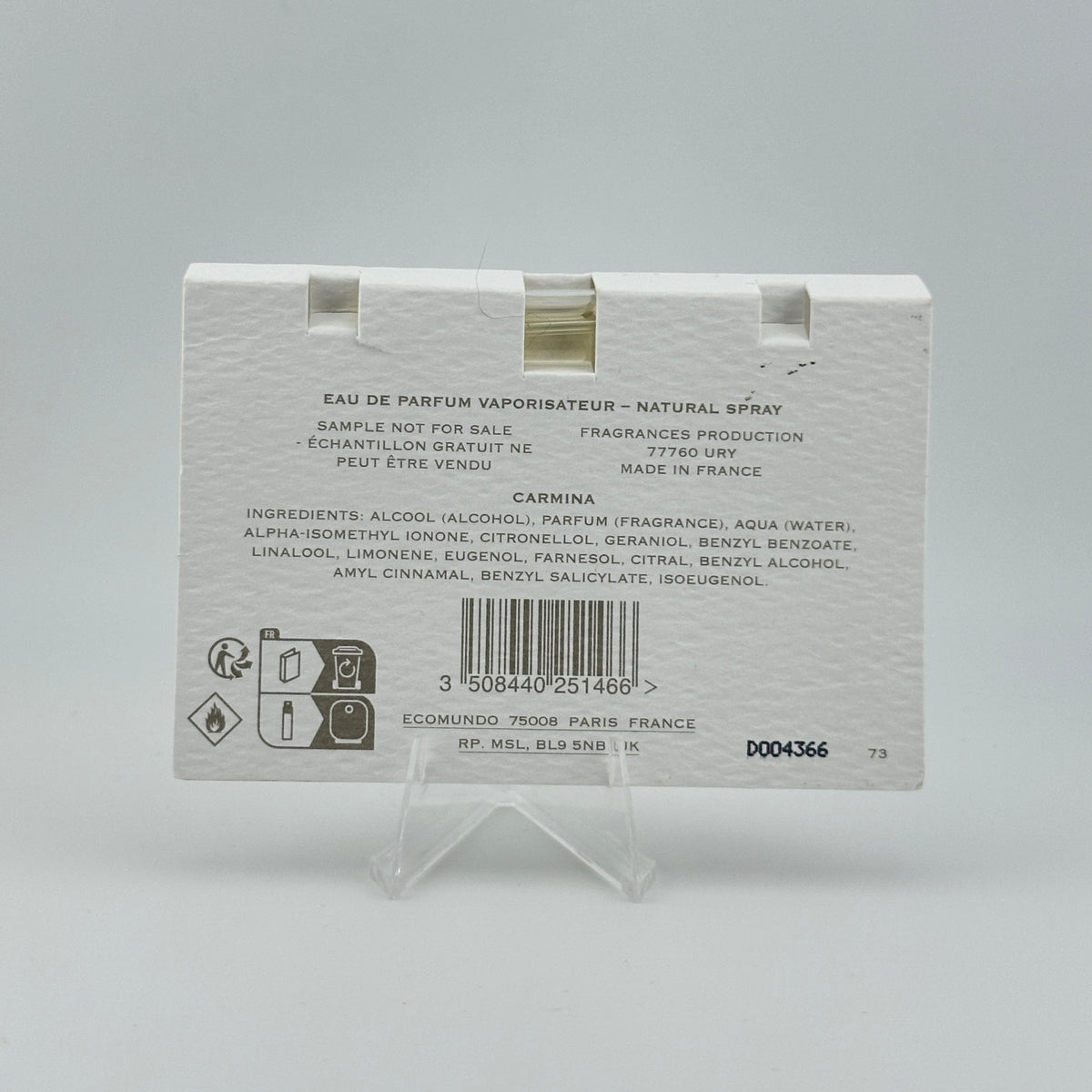 Back of CREED Carmina EDP 1.5 mL manufacturer sample showing original product labeling.