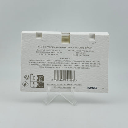 Back of CREED Carmina EDP 1.5 mL manufacturer sample showing original product labeling.