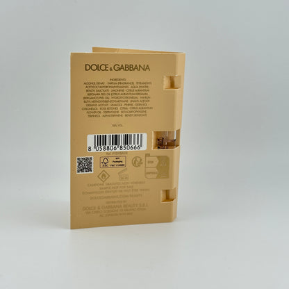 Back of Dolce & Gabbana Your Devotion EDP Intense 1.5 mL sample showing original product labeling.