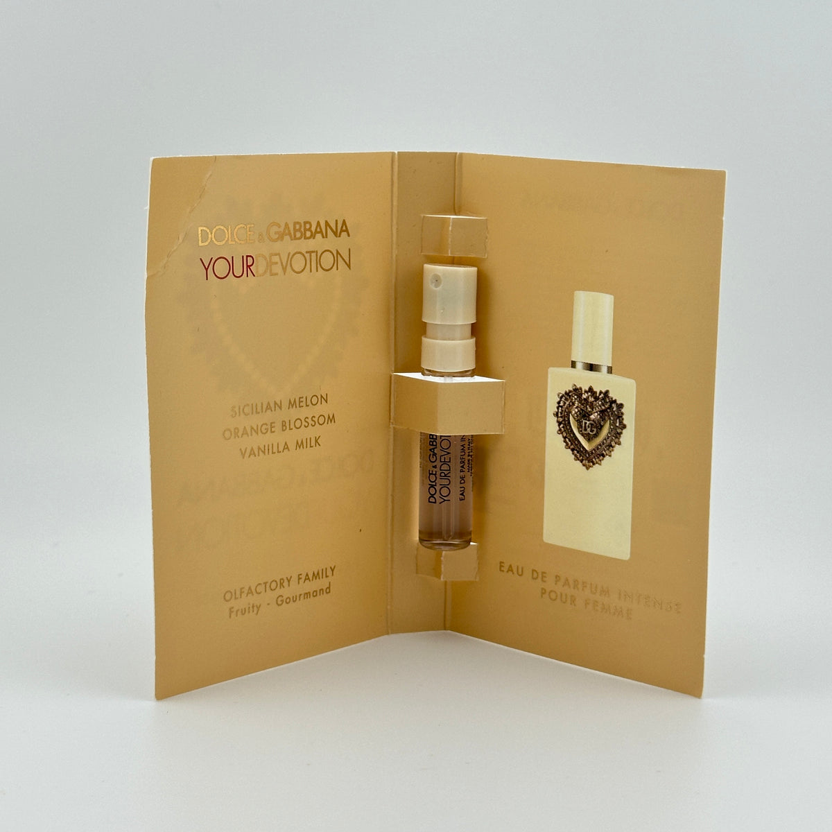 Dolce & Gabbana Your Devotion EDP Intense 1.5 mL spray vial with original manufacturer packaging.