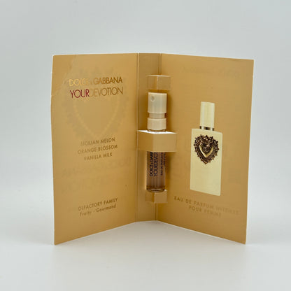 Dolce & Gabbana Your Devotion EDP Intense 1.5 mL spray vial with original manufacturer packaging.