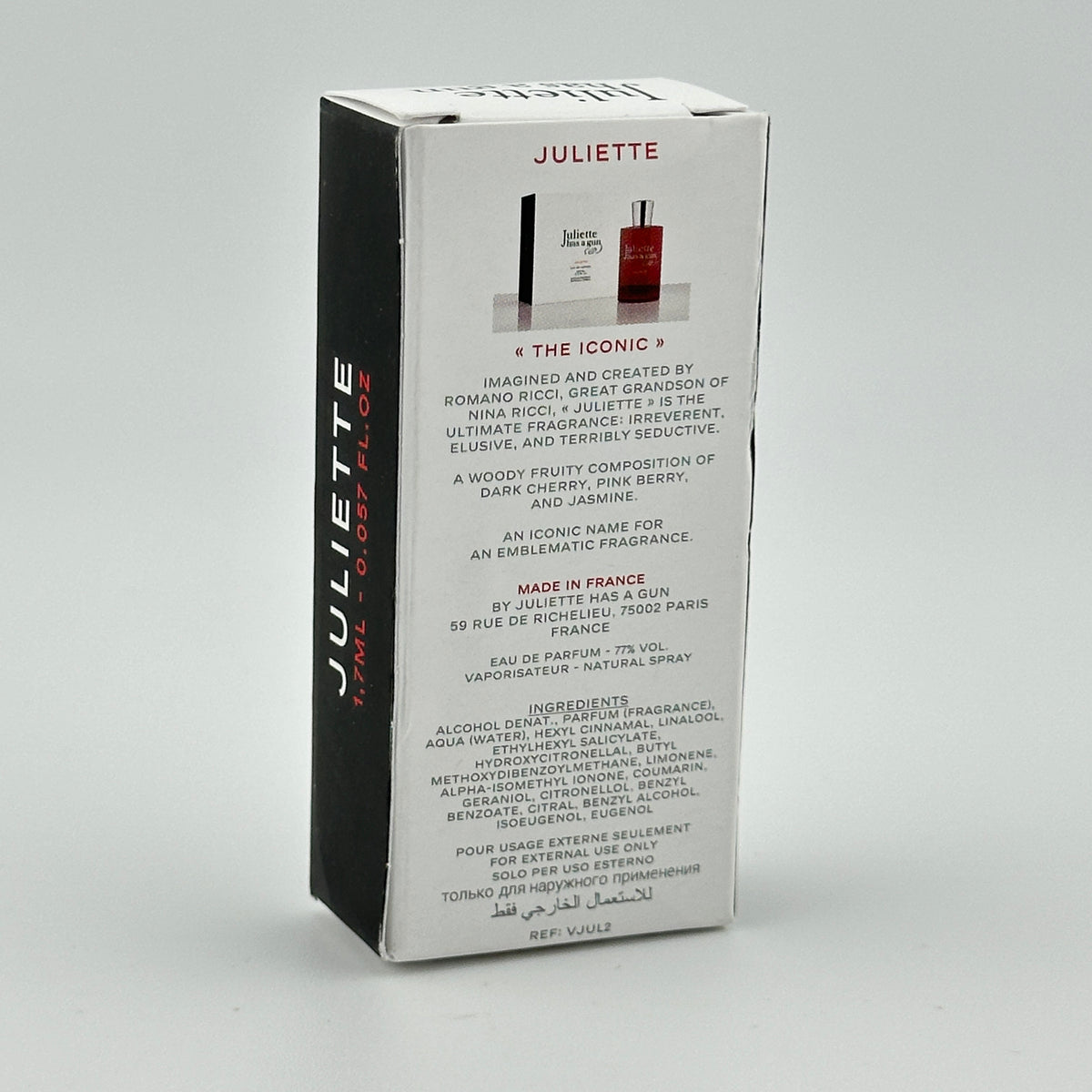 Back of Juliette Has a Gun Juliette EDP 1.7 mL manufacturer sample showing original product labeling.