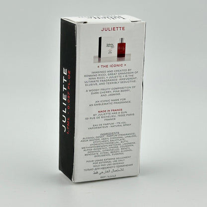 Back of Juliette Has a Gun Juliette EDP 1.7 mL manufacturer sample showing original product labeling.
