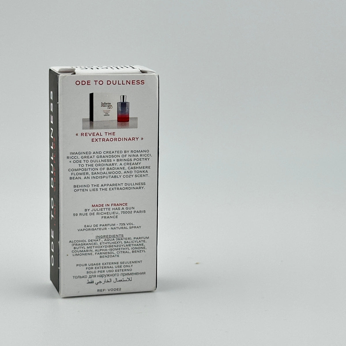 Back of Juliette Has a Gun Ode to Dullness EDP 1.7 mL manufacturer sample showing product labeling.