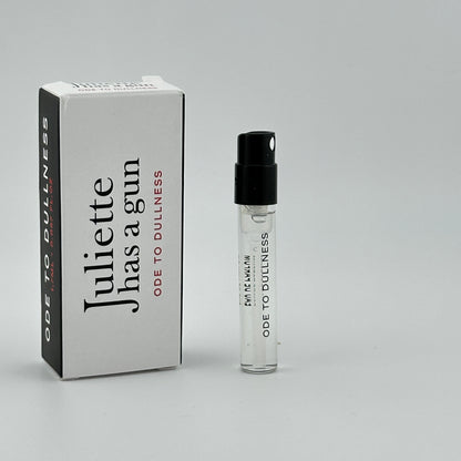 Juliette Has a Gun Ode to Dullness EDP 1.7 mL spray vial displayed with original manufacturer sample packaging.