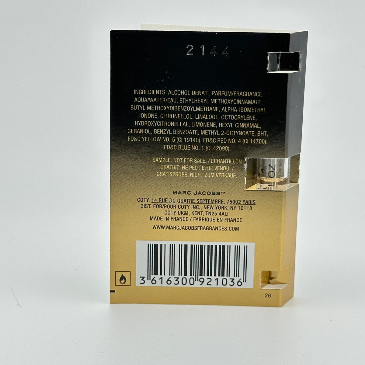 Back of Marc Jacobs Daisy Eau So Intense EDP 1.2 mL manufacturer sample showing product and ingredient information.