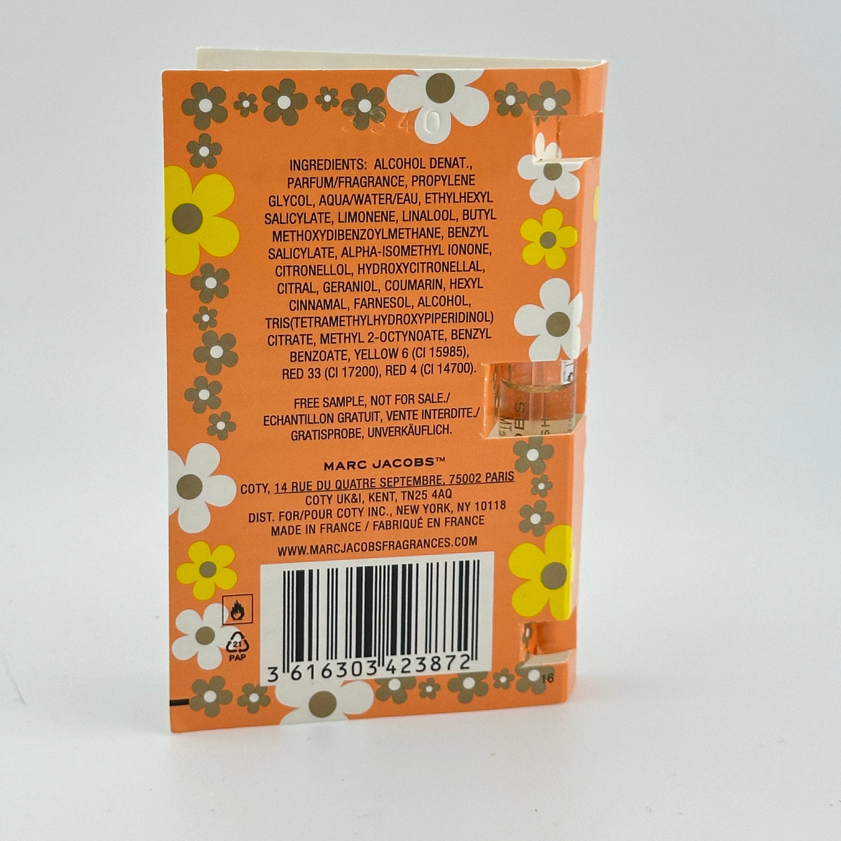 Back of Marc Jacobs Daisy Ever So Fresh EDP 1.2 mL manufacturer sample showing ingredients and packaging details.
