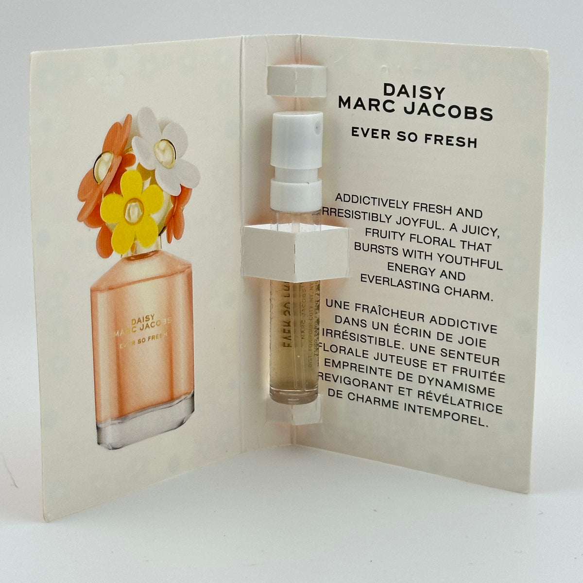 Marc Jacobs Daisy Ever So Fresh EDP 1.2 mL spray vial displayed inside original manufacturer sample card.