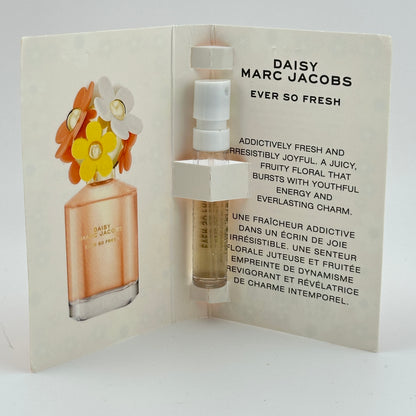 Marc Jacobs Daisy Ever So Fresh EDP 1.2 mL spray vial displayed inside original manufacturer sample card.