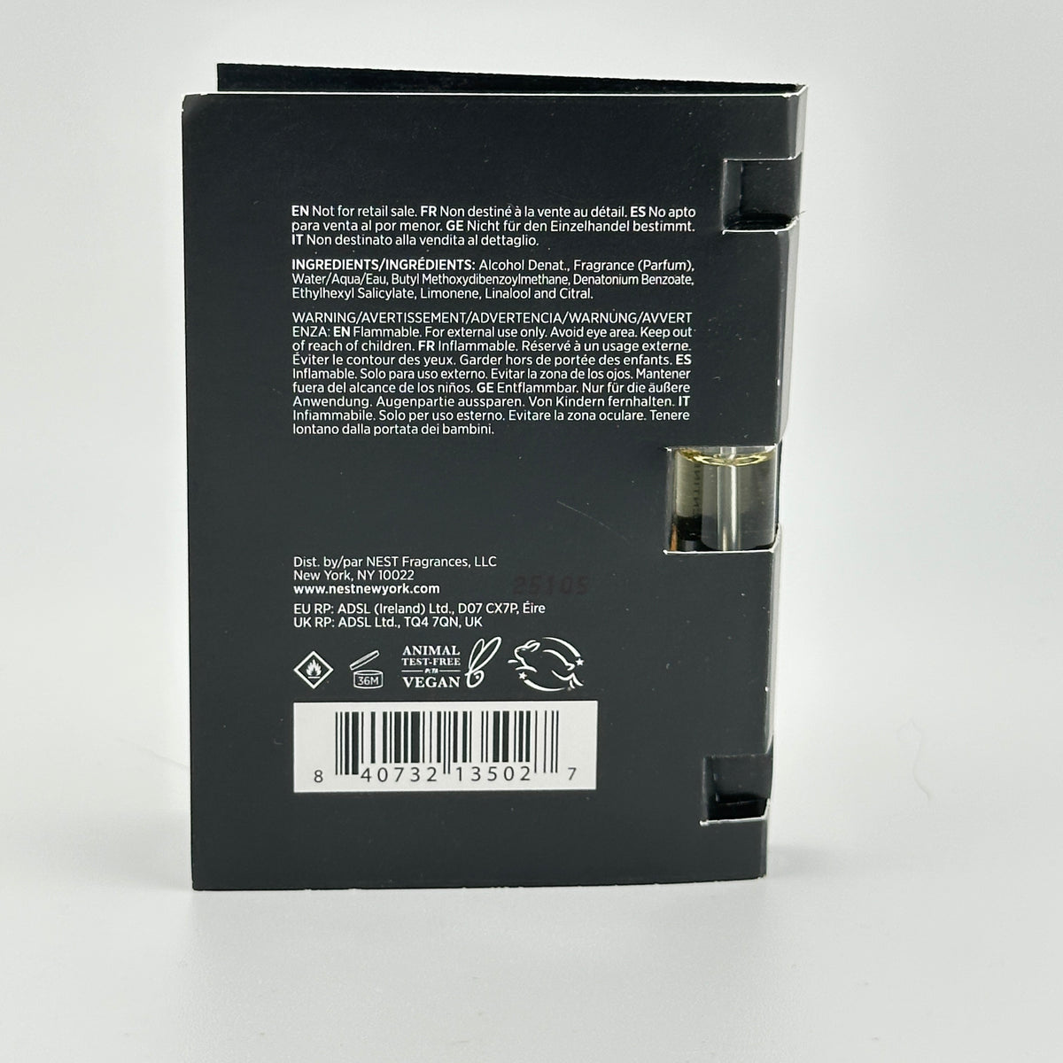 Back of NEST Crème de Clementine EDP 1.5 mL manufacturer sample showing product and packaging details.