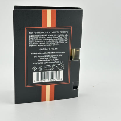 Back of NEST Vanilla Bourbon EDP 1.5 mL manufacturer sample packaging showing product information.