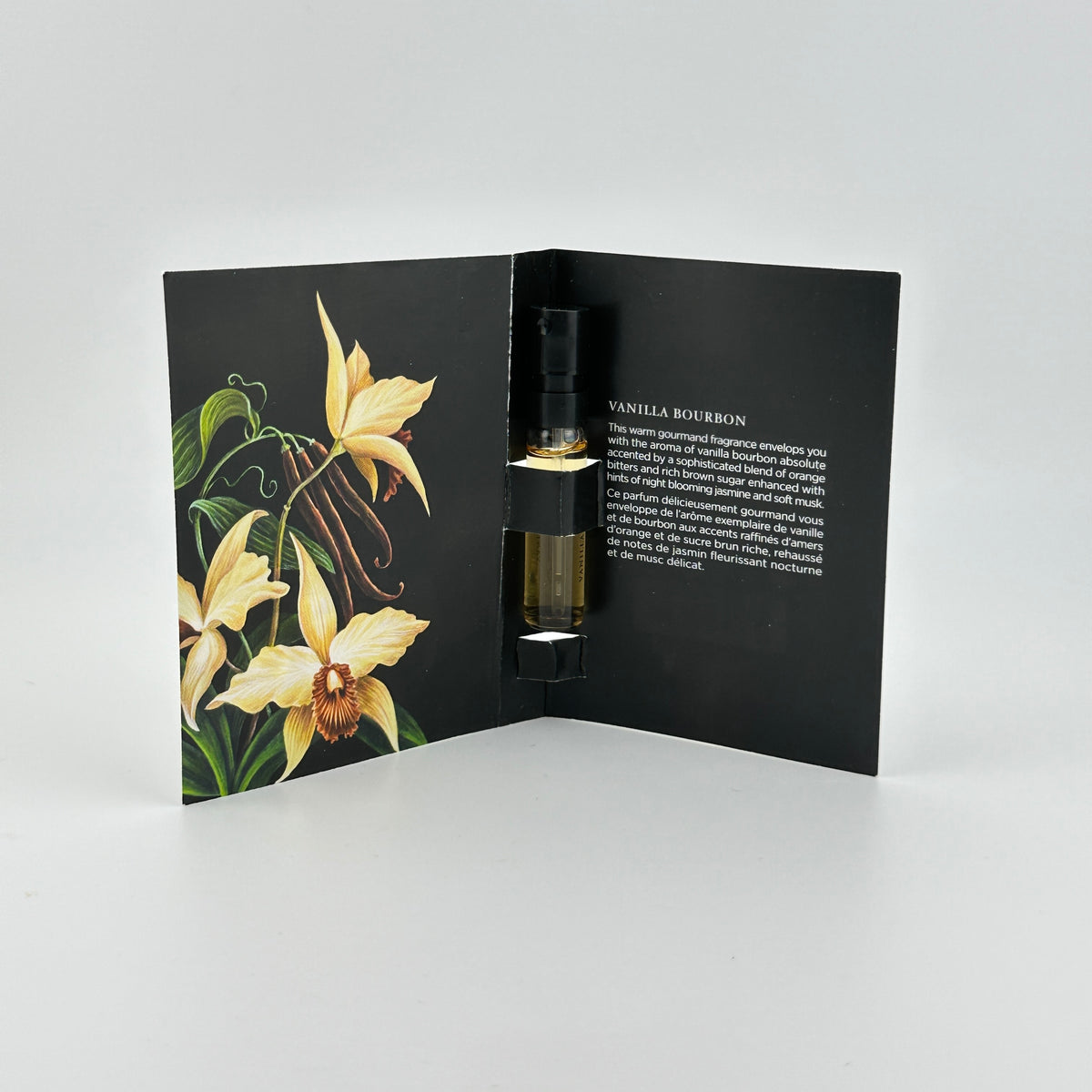 NEST Vanilla Bourbon Eau de Parfum 1.5 mL spray vial displayed inside its original manufacturer sample card.
