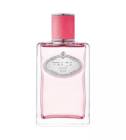 Prada Infusion de Rhubarbe EDP perfume bottle with pink cap, unisex floral fruity rhubarb fragrance