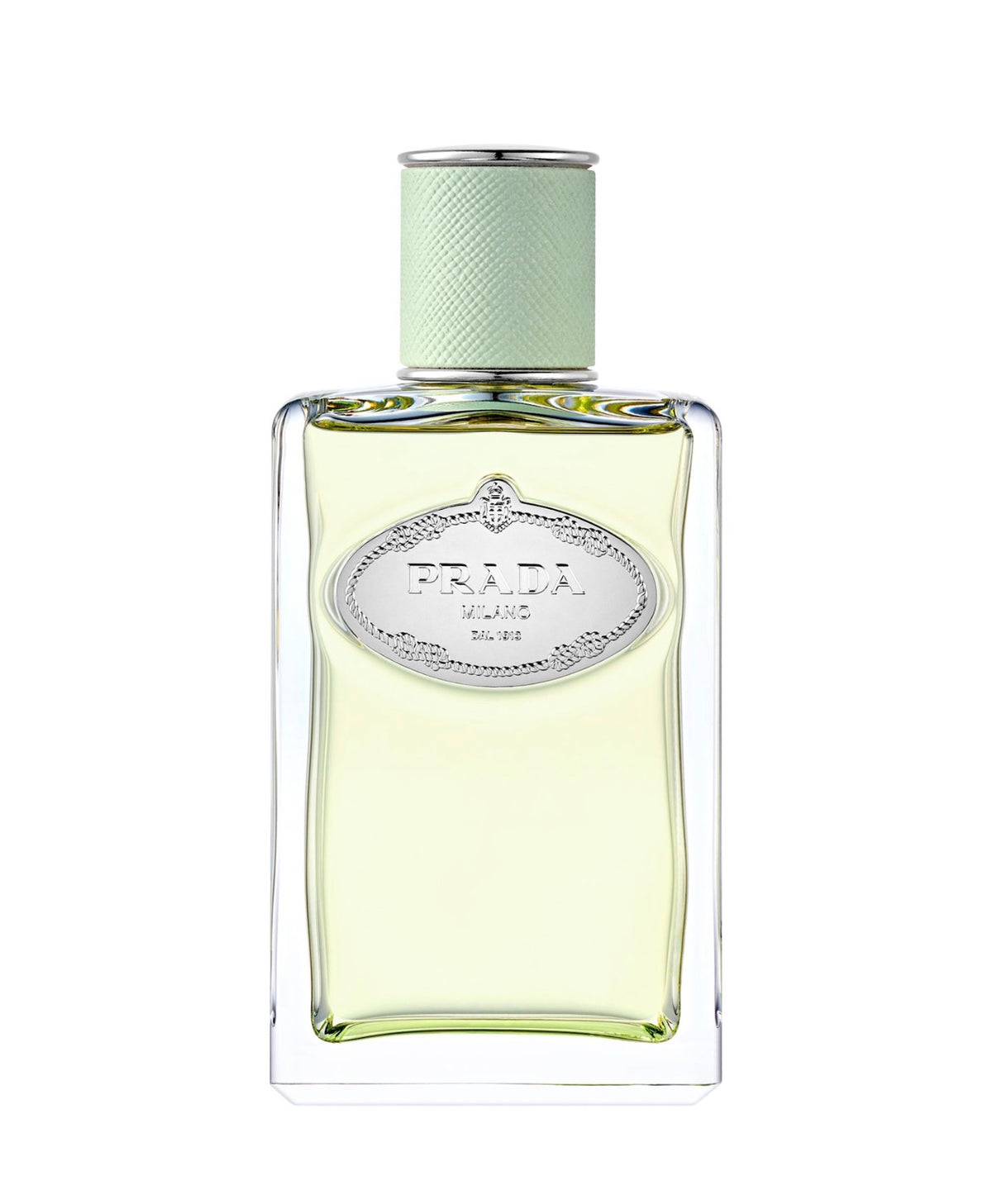Prada Infusion d'Iris EDP perfume bottle with pale green cap, elegant powdery floral woody fragrance