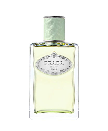 Prada Infusion d'Iris EDP perfume bottle with pale green cap, elegant powdery floral woody fragrance